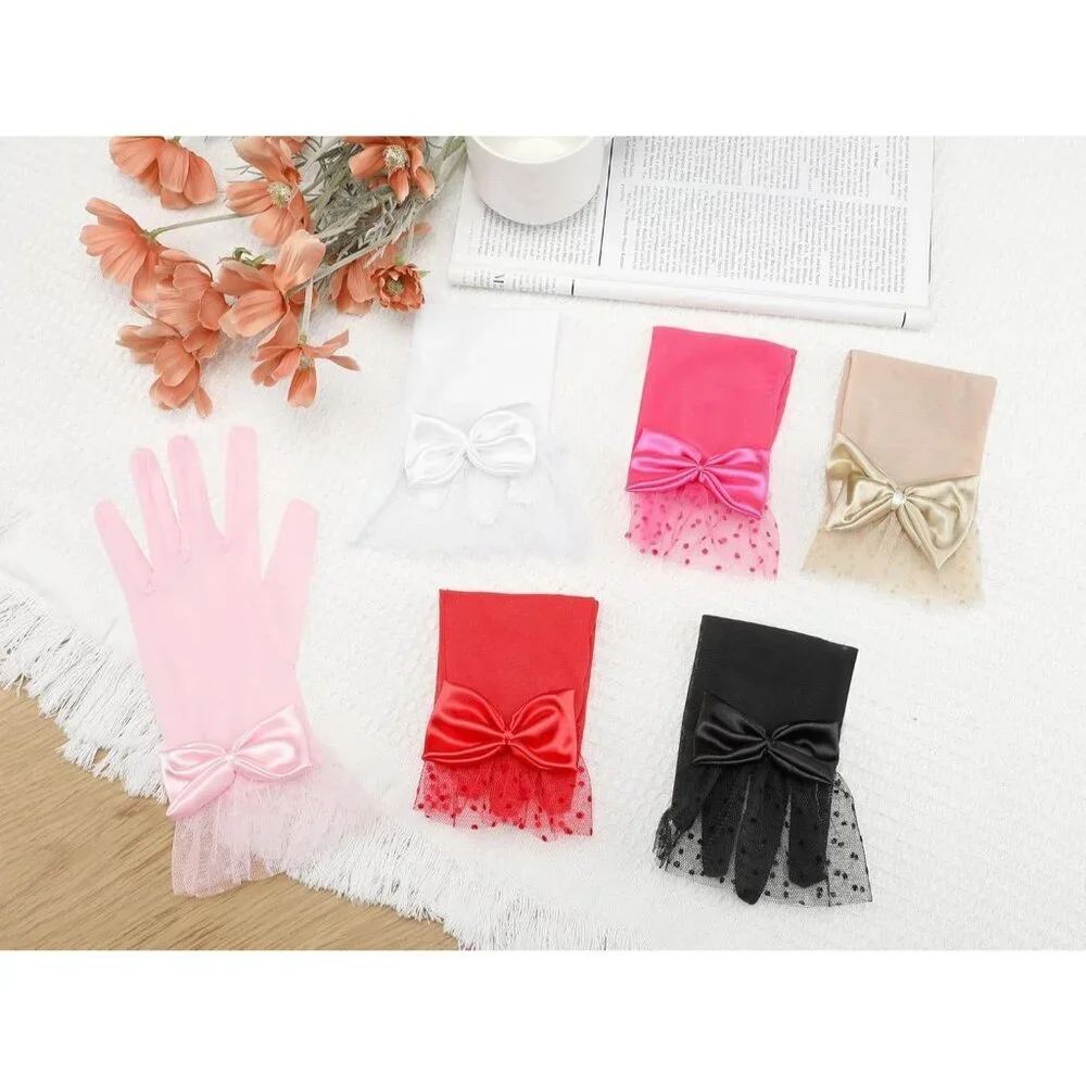 Women's Short White Lace Bow  Polka Dots Gloves Mesh Wedding Tea Party Prom